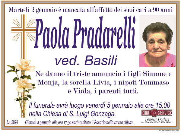 manifesto funebre di Paola Pradarelli