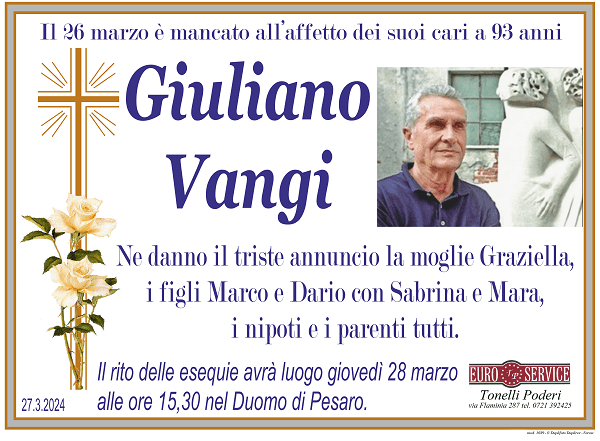 manifesto funebre di Giuliano Vangi