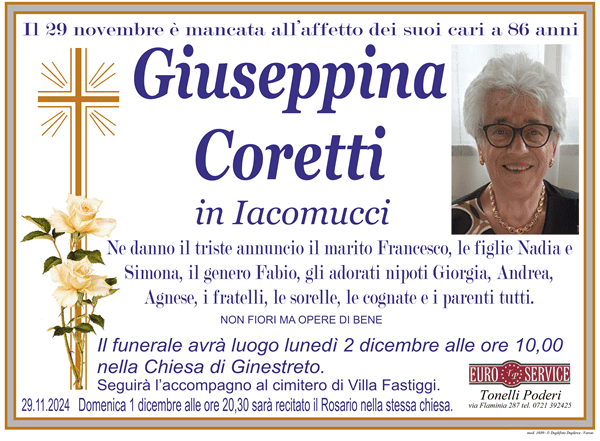 manifesto funebre di Giuseppina Coretti