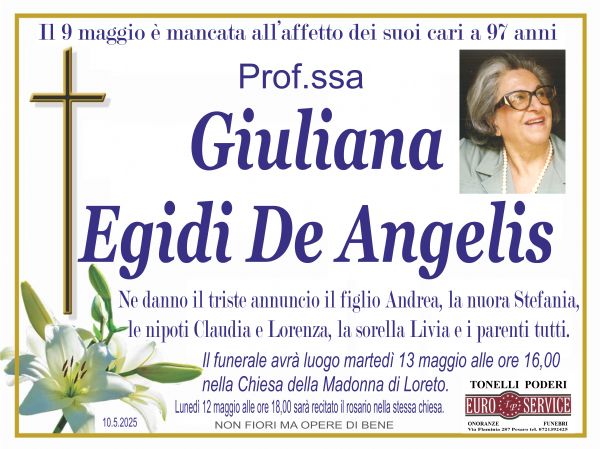 manifesto funebre di Giuliana Egidi De Angelis